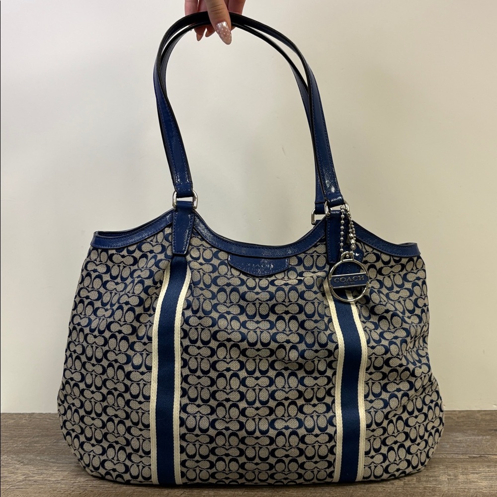 Coach “DEVIN”  Signature Stripe Tote – Blue & Ivory Canvas - Patent Leather Trim